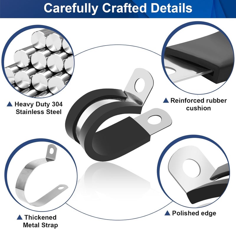 Comkrivy 111 Pcs Cable Clamps - 10 Size Pipe Clamps Assortment Kit 304 Stainless Steel Rubber Cushion Wire Clamp 1/4" 5/16" 3/8" 1/2" 5/8" 3/4" 1" 1-1/4" 1-1/2" Metal P Clamp for Securing Cables and Hoses - Image 3